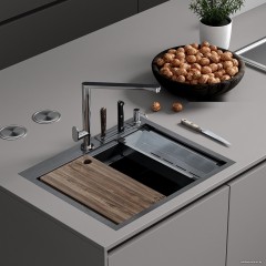 Кухонная мойка Roxen Stage 560250-60B PVD оружейная сталь (c держателем для ножей, двумя коландерами, разделочной доской и дозатором)