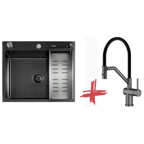 Кухонная мойка FUTUR FK 5550 Eco Embossing Pop-up (Black Nano) Mixer plus RAGLO R86.41.09