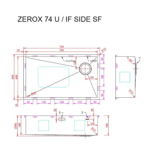Кухонная мойка Zorg Zerox 74 U / IF SIDE SF ZURINOX PVD GUNBLACK